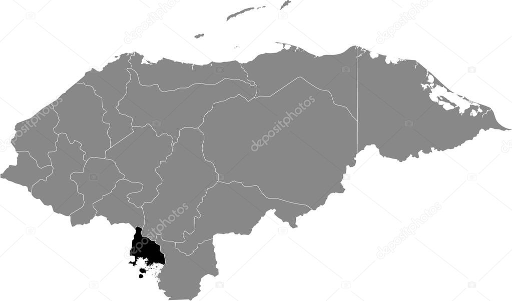 Black location map of the Honduran Valle department inside gray map of Honduras