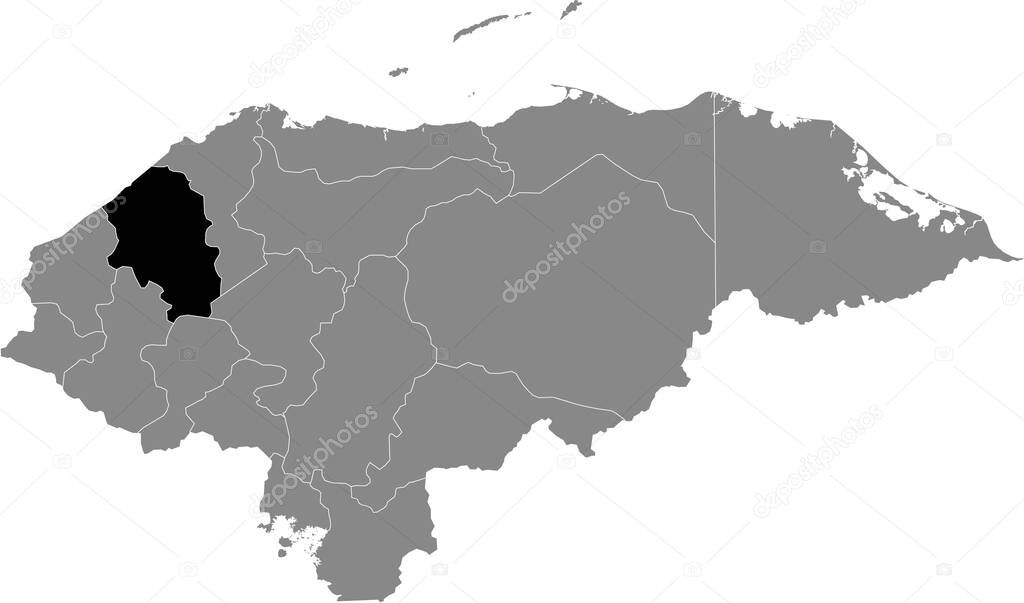 Black location map of the Honduran Santa Brbara department inside gray map of Honduras