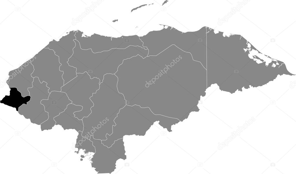Black location map of the Honduran Ocotepeque department inside gray map of Honduras