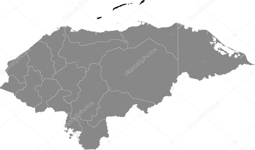 Black location map of the Honduran Islas de la Baha department inside gray map of Honduras