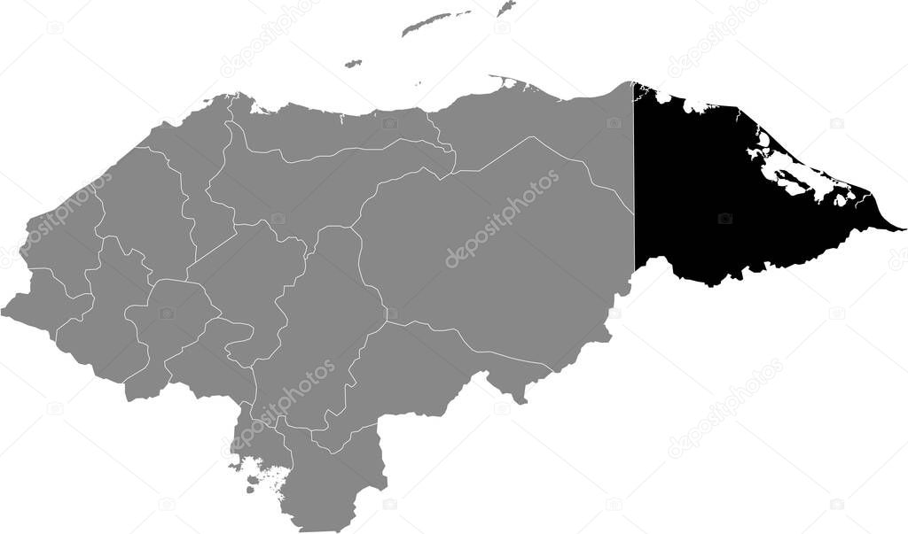 Black location map of the Honduran Gracias a Dios department inside gray map of Honduras