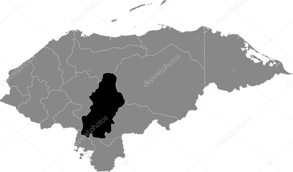 Black location map of the Honduran Francisco Morazn department inside gray map of Honduras