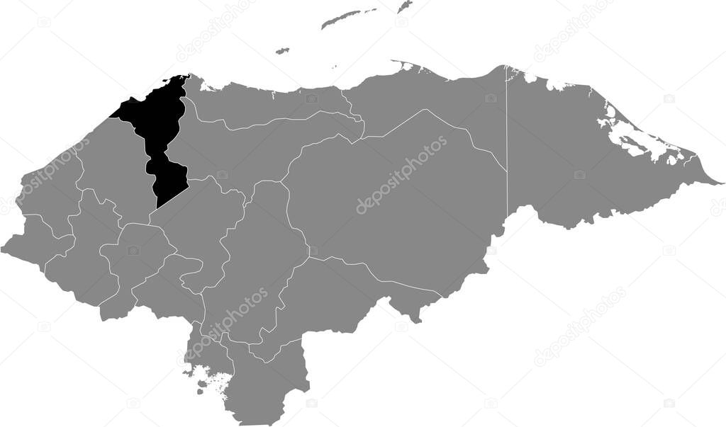 Black location map of the Honduran Corts department inside gray map of Honduras