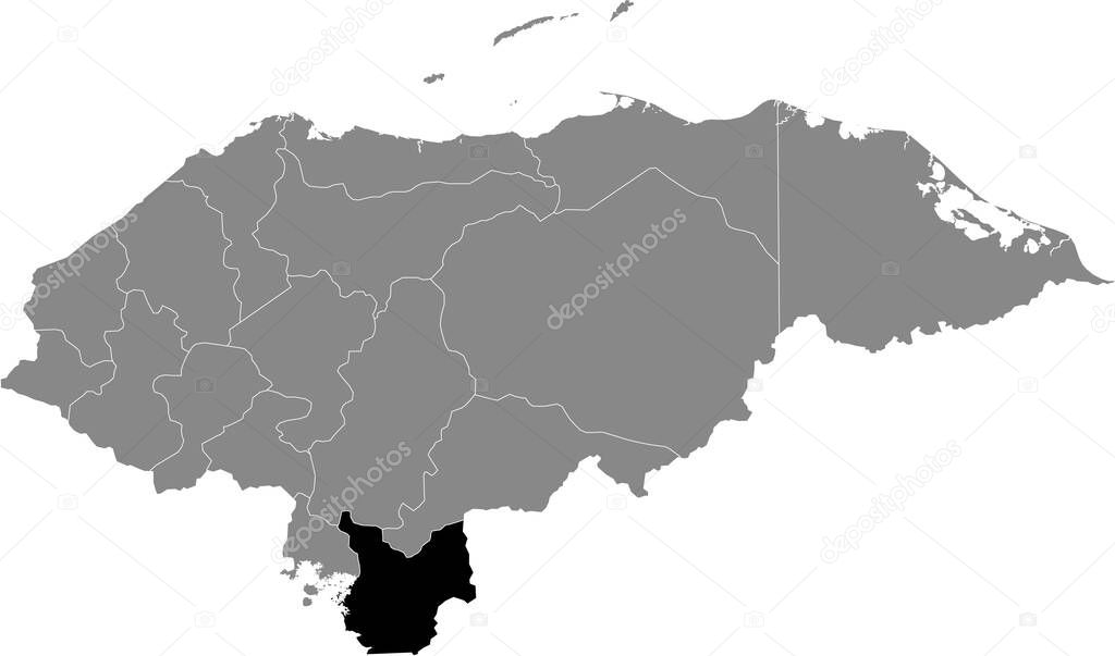 Black location map of the Honduran Choluteca department inside gray map of Honduras