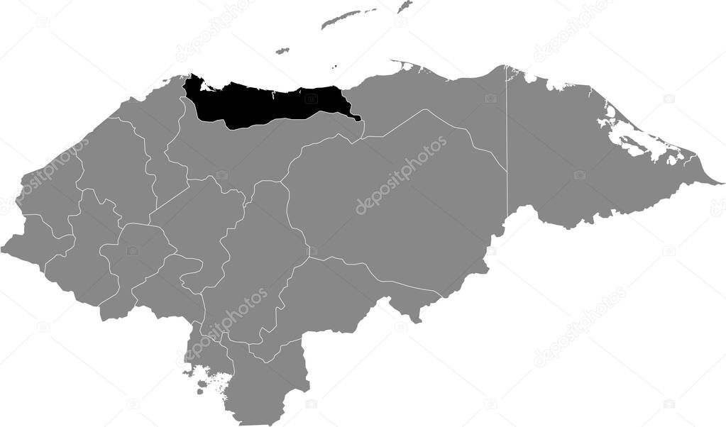 Black location map of the Honduran Atlntida department inside gray map of Honduras