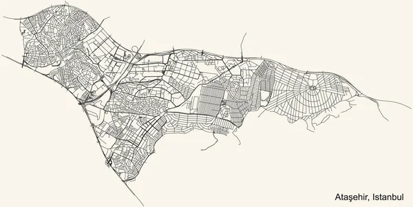 Schwarze Einfache Detaillierte Straßenkarte Auf Beigem Hintergrund Des Viertels Ataehir — Stockvektor