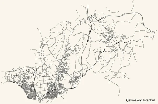 Черная Простая Детальная Карта Дорог Старинном Бежевом Фоне Района Ekmeky — стоковый вектор