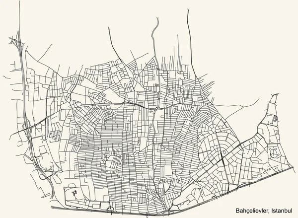 Zwarte Eenvoudige Gedetailleerde Wegenkaart Vintage Beige Achtergrond Van Wijk Bahelievler — Stockvector