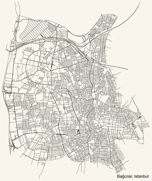 土耳其伊斯坦布尔Baclar街区旧式米色背景的简单而详细的黑色街道路线图 — 图库矢量图片