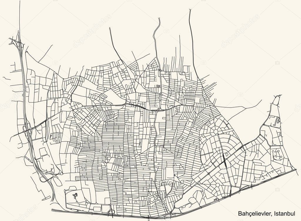 Black simple detailed street roads map on vintage beige background of the neighbourhood district Bahelievler of Istanbul, Turkey