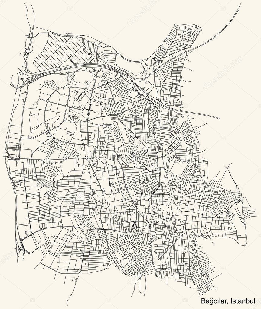 Black simple detailed street roads map on vintage beige background of the neighbourhood district Baclar of Istanbul, Turkey