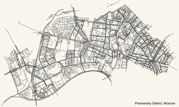 黒シンプルな詳細道路地図ヴィンテージベージュ周辺の地図モスクワの中央行政オックルグのPresnensky地区 ロシア — ストックベクタ