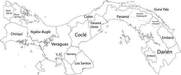 Біла Векторна Карта Панами Чорними Кордонами Назвами Провінцій Регіонів — стоковий вектор