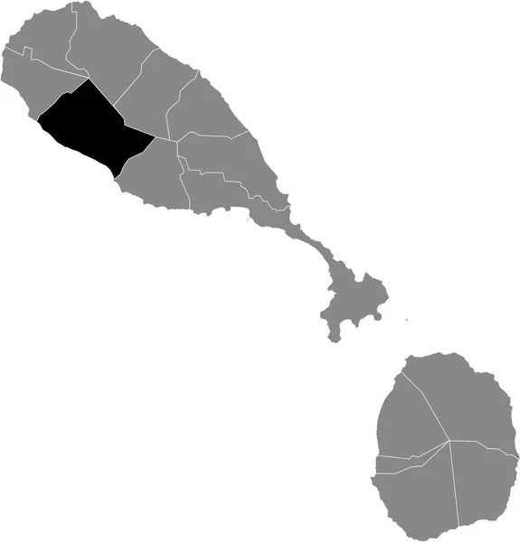 圣基茨和尼维斯灰色地图内的基蒂蒂安和奈维西圣托马斯中岛教区的黑色位置图 — 图库矢量图片