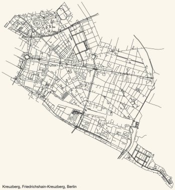 Berlin, Almanya 'nın Friedrichshain-Kreuzberg ilçesinin Friedrichshain mahallesinin klasik bej arka plan haritası