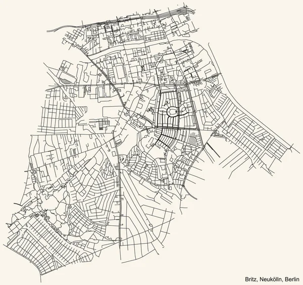 Zwarte Eenvoudige Gedetailleerde Wegenkaart Vintage Beige Achtergrond Van Buurt Britz — Stockvector