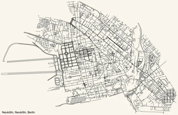 Schwarze Einfache Detaillierte Straßenkarte Auf Beigem Hintergrund Des Stadtteils Neuklln — Stockvektor