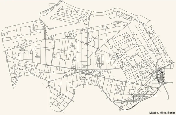 Zwarte Eenvoudige Gedetailleerde Wegenkaart Vintage Beige Achtergrond Van Wijk Moabit — Stockvector