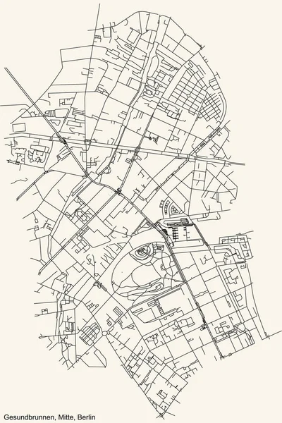 Черный Простой Подробная Карта Улиц Винтажном Бежевом Фоне Окрестности Gesundbrunnen — стоковый вектор