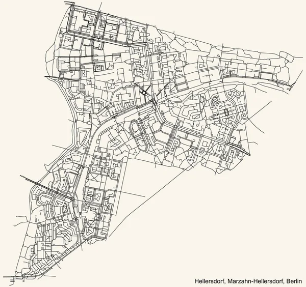 Czarna Prosta Szczegółowa Mapa Ulic Beżowym Tle Dzielnicy Hellersdorf Dzielnicy — Wektor stockowy