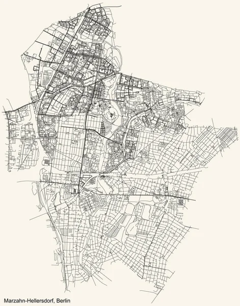 黒シンプルな詳細道路地図ヴィンテージベージュ周辺の地図Marzahn Hellersdorfベルリン ドイツ — ストックベクタ