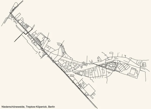 Schwarzer Einfacher Detaillierter Stadtplan Auf Beigem Hintergrund Des Stadtteils Niederschneweide — Stockvektor
