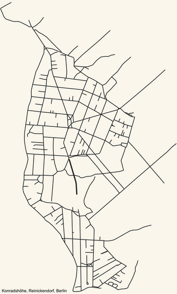 Черный простой подробный план улиц города план карты на винтажном бежевом фоне окрестности Конрадше населенного пункта Райникендорф района Берлин, Германия