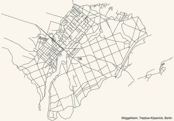 Schwarzer Einfacher Detaillierter Stadtplan Auf Beigem Hintergrund Des Stadtteils Mggelheim — Stockvektor