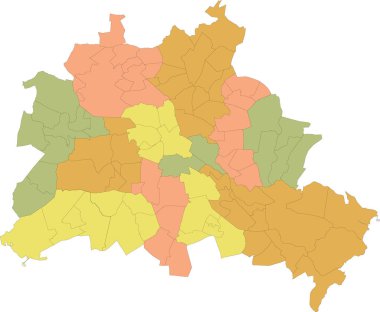 Berlin, Almanya 'nın siyah kenarlı basit vektör pastel haritası (bezirke)