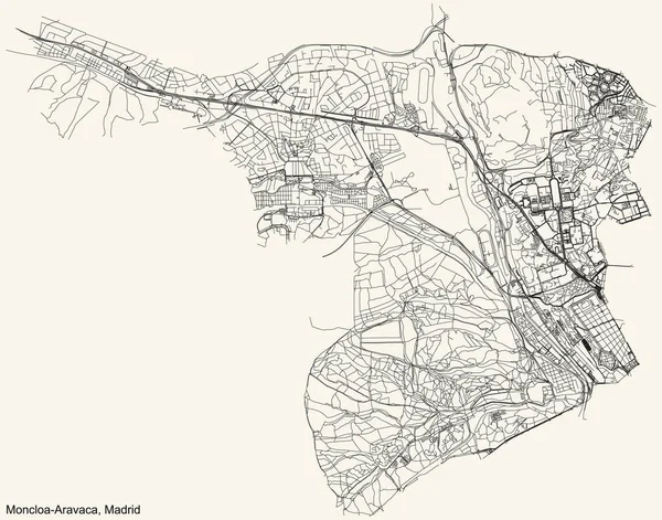 西班牙马德里Moncloa Aravaca区旧式米色背景的简单 详细的黑色街道路线图 — 图库矢量图片