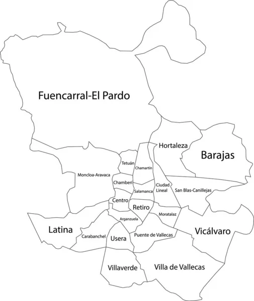 Simple Vector White Map Black Borders Names Neighborhoods Madrid Spain — Stock Vector