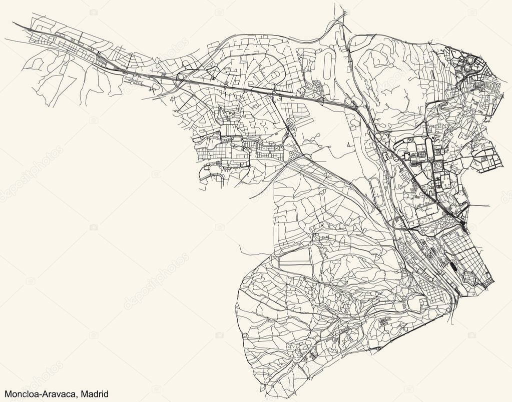 Black simple detailed street roads map on vintage beige background of the neighbourhood Moncloa-Aravaca district of Madrid, Spain