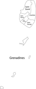 Saint Vincent ve Grenadinler 'in beyaz vektör haritası. Siyah sınırları ve cemaatlerinin isimleri.