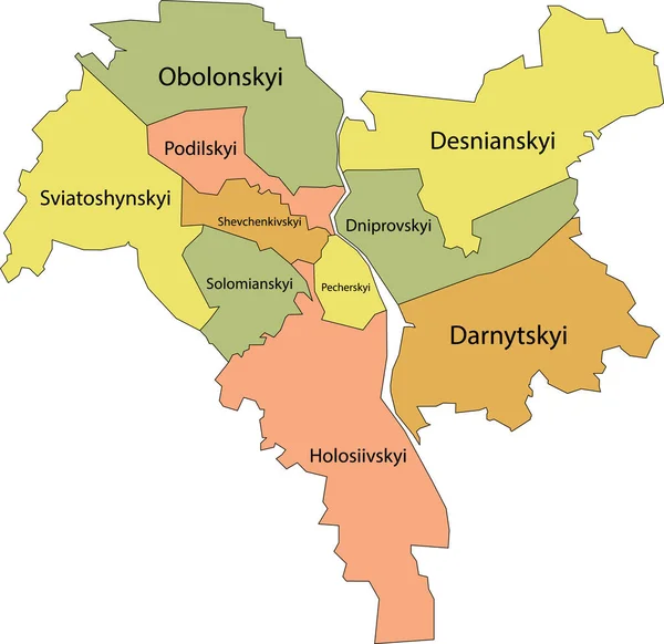 キエフ キエフ ウクライナの地区の黒い境界と名前を持つシンプルなベクトルパステルマップ — ストックベクタ