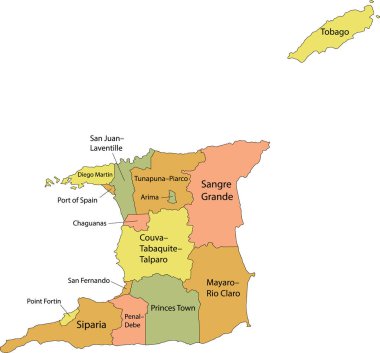 Siyah kenarlı Trinidad ve Tobago 'nun Pastel vektör haritası ve bölgelerinin, belediyelerinin ve bölgelerinin isimleri