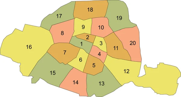 Simple Vector Pastel Map Black Borders Numbers Arrondissements Paris France — Stock Vector