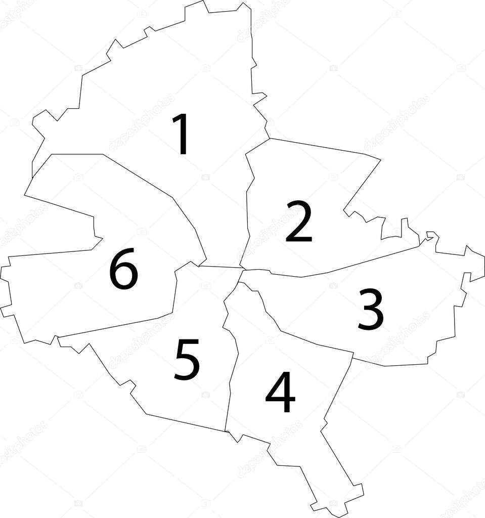 Simple vector white map with black borders and numbers of sectors Bucharest, Romania