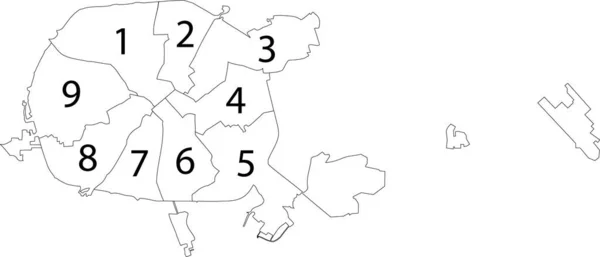 Mapa Branco Vetorial Simples Com Fronteiras Pretas Números Raions Distritos —  Vetores de Stock