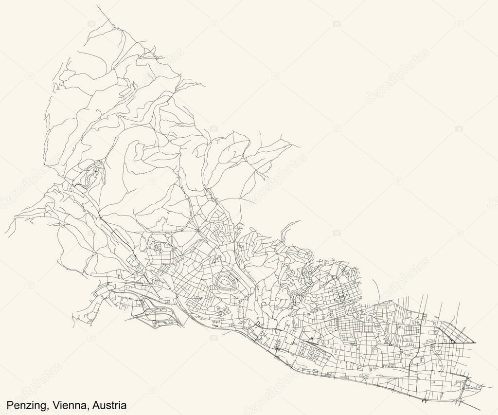 Black simple detailed street roads map on vintage beige background of the neighbourhood Penzing district of Vienna, Austria