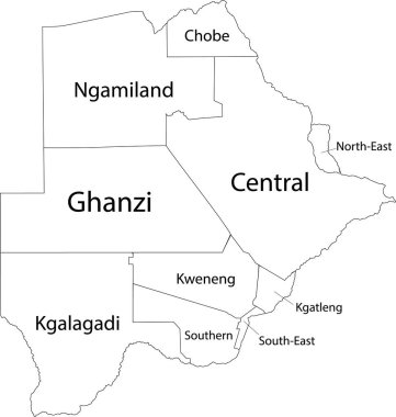 Siyah sınırları ve bölgelerinin isimleriyle Botswana 'nın beyaz vektör haritası