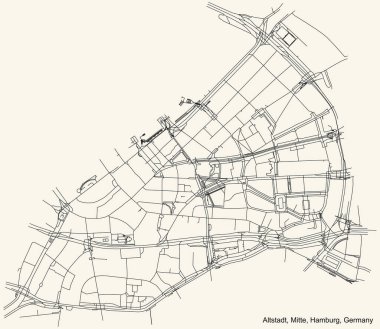 Hamburg, Almanya 'nın Hamburg ve Hanseatic şehrinin Hamburg-Mitte ilçesinin Hamburg-Altstadt mahallesinin klasik bej rengi arka planında yer alan siyah basit yol haritası