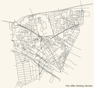 Almanya 'nın Hamburg ve Hanseatic şehrinin Hamburg-Mitte ilçesinin (bezirk) Horn semtinin klasik bej arka planında yer alan siyah basit yol haritası