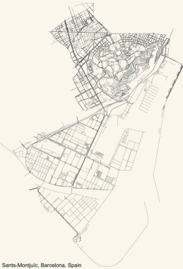 İspanya 'nın Barcelona bölgesinin Sants-Montjuc semtinin klasik bej arka plan haritası