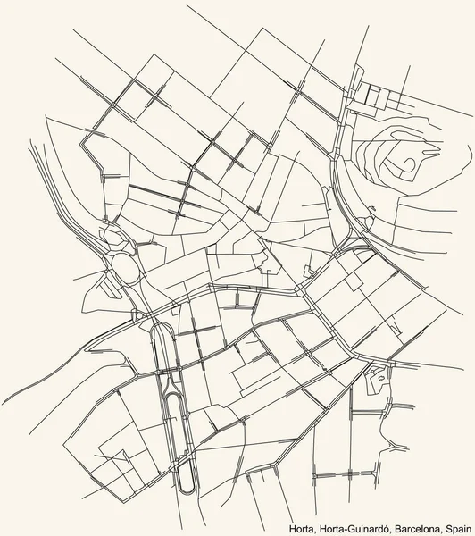 スペイン バルセロナのHorta Guinard地区のHorta地区のヴィンテージベージュの背景に黒のシンプルな詳細道路地図 — ストックベクタ