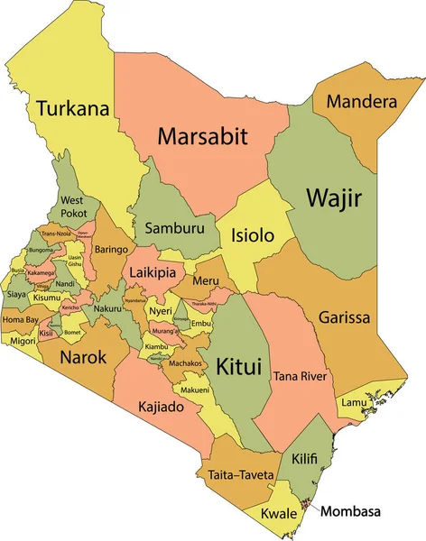 Kenya Cumhuriyeti 'nin siyah sınırları ve ilçelerinin isimleriyle Pastel vektör haritası