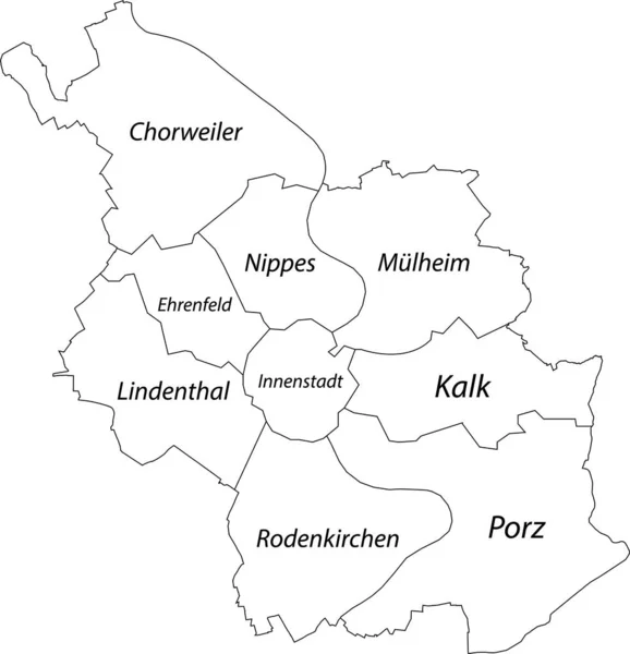 带有黑边的简单白色矢量地图和德国科隆各区名称 — 图库矢量图片