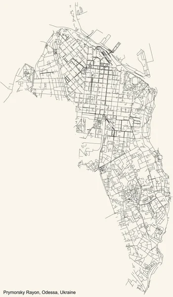 Schwarze Einfache Detaillierte Straßenkarte Auf Beigem Hintergrund Des Viertels Prymorsky — Stockvektor