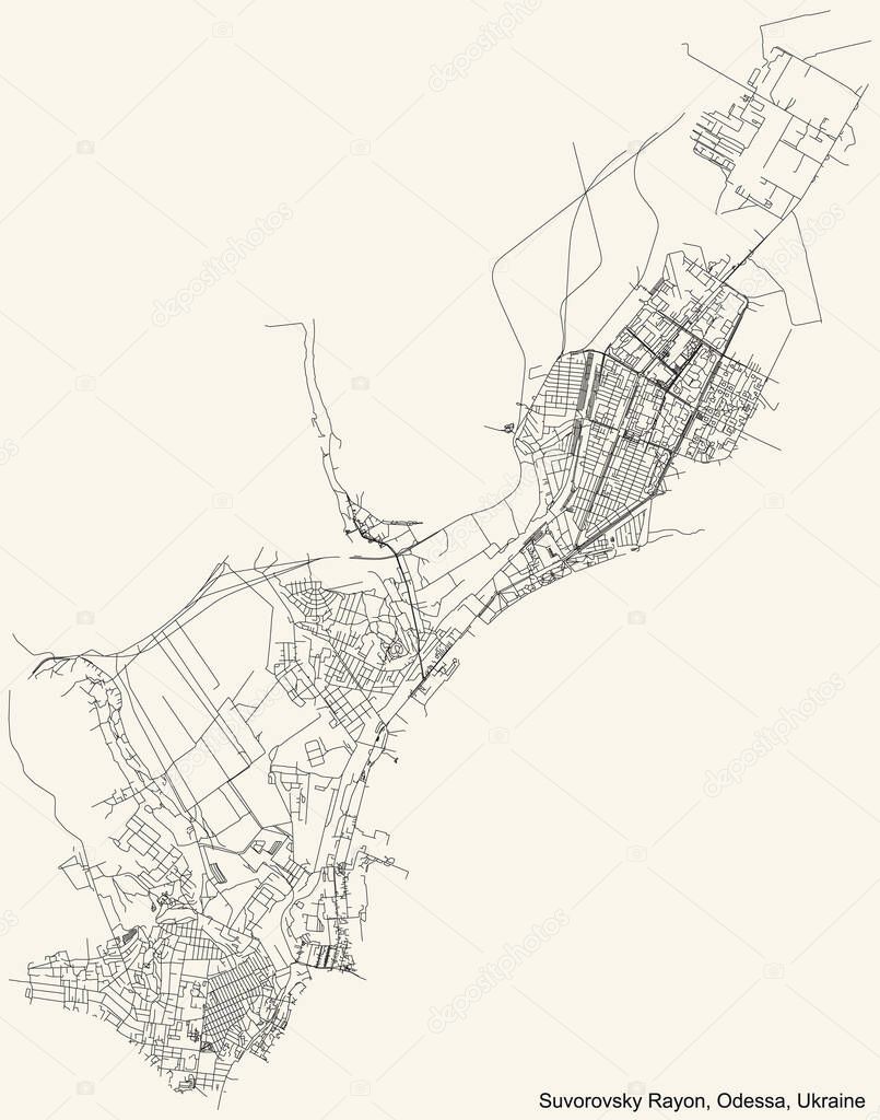 Black simple detailed street roads map on vintage beige background of the quarter Suvorovsky district of Odessa, Ukraine