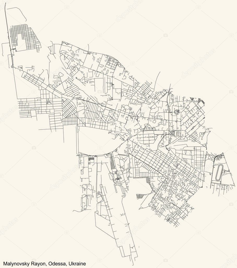 Black simple detailed street roads map on vintage beige background of the quarter Malynovsky district of Odessa, Ukraine