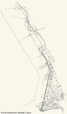 Fransa 'nın başkenti Marsilya' da bulunan Les Grands Carmes (Arenc, Les Grands Carmes, Htel de Ville, La Joliette) bölgesinin klasik bej arka plan haritası.